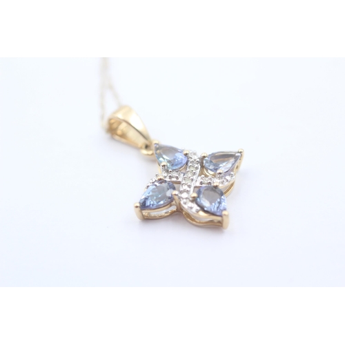 1083 - A 9ct gold tanzanite and diamond floral cluster pendant necklace - approx. gross weight 2.3 grams