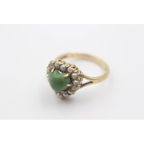 1105 - A 9ct gold green turquoise and pearl heart setting ring - approx. gross weight 4.2 grams