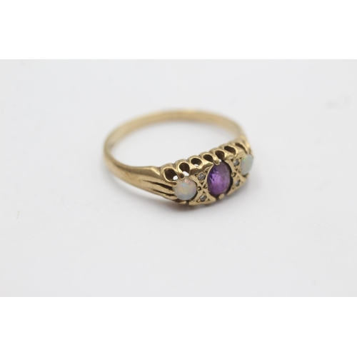 1120 - A 9ct gold amethyst, opal and diamond gypsy setting ring - approx. gross weight 2.3 grams