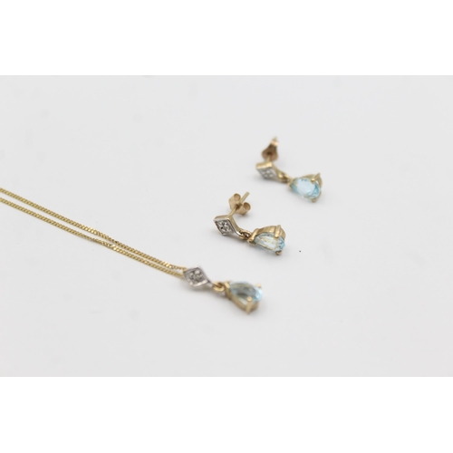 1149 - A 9ct gold blue topaz and diamond pendant necklace and earrings set - approx. gross weight 2.3 grams