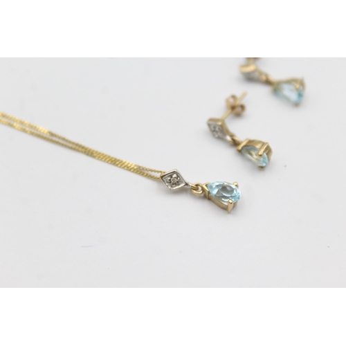 1149 - A 9ct gold blue topaz and diamond pendant necklace and earrings set - approx. gross weight 2.3 grams