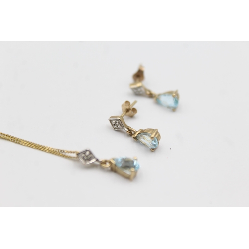 1149 - A 9ct gold blue topaz and diamond pendant necklace and earrings set - approx. gross weight 2.3 grams