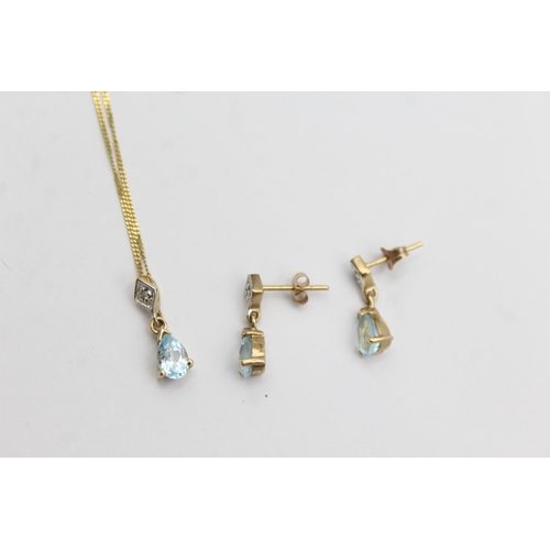 1149 - A 9ct gold blue topaz and diamond pendant necklace and earrings set - approx. gross weight 2.3 grams