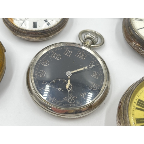 1237 - Five antique and later pocket watches, three hallmarked sterling silver, one WWII military issued ni... 