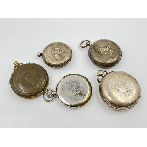 1237 - Five antique and later pocket watches, three hallmarked sterling silver, one WWII military issued ni... 