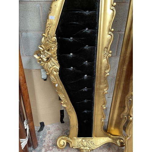 13 - A French style gold painted and black fabric superking size bed frame