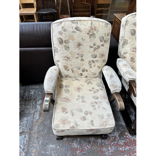 73 - An oak and floral upholstered three piece cottage lounge suite comprising three seater sofa and two ... 