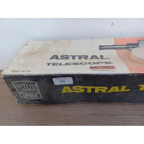 523 - A boxed Prinz Optics model no. 100 D=60mm astral telescope with tripod