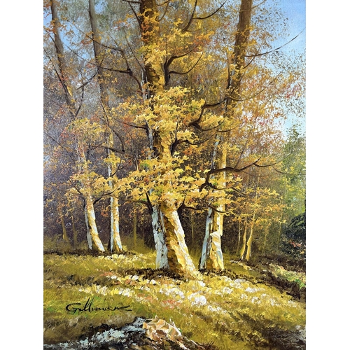 157 - A gilt framed oil on canvas titled 'Stormy Forest Waters', signed Gilmore - approx. 73cm high x 105c... 