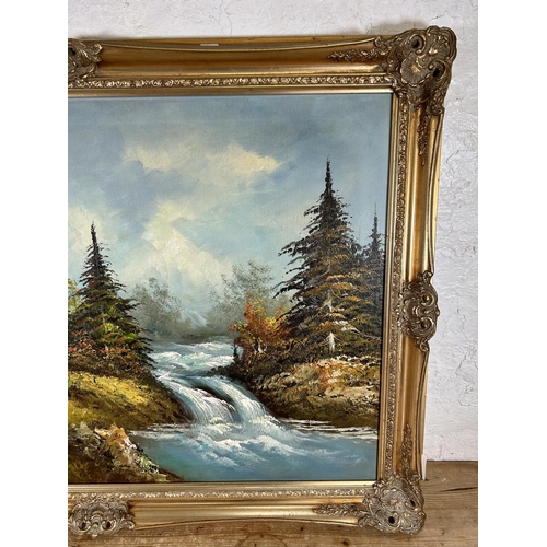 157 - A gilt framed oil on canvas titled 'Stormy Forest Waters', signed Gilmore - approx. 73cm high x 105c... 