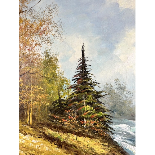 157 - A gilt framed oil on canvas titled 'Stormy Forest Waters', signed Gilmore - approx. 73cm high x 105c... 