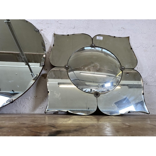 155 - Two mid 20th century frameless bevelled edge wall hanging mirrors