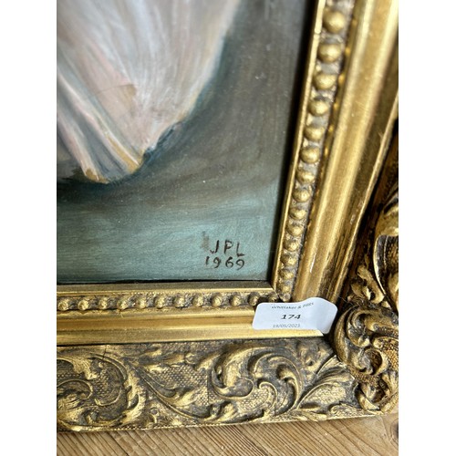 174 - A mid 20th century gilt framed oil on board, signed JPL and dated 1969 - approx. 71cm high x 61cm wi... 