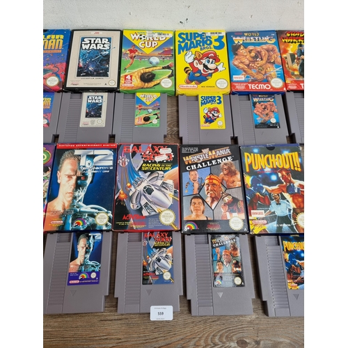 559 - Thirteen boxed Nintendo NES game cartridges to include, Star Wars, Terminator 2, Double Dragon III, ... 