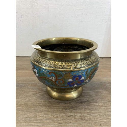 308 - Two pieces of Oriental brassware, one cloisonné vase and one engraved storage box