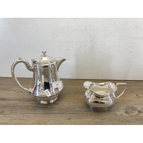 318 - Four pieces of silver plated ware, one JD & S coffee pot and three pieces of matching teaware