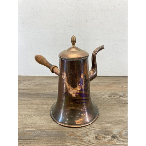 322 - A Victorian William Soutter & Sons copper chocolate pot with acorn finial and turned wooden handle