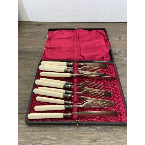 323 - Five vintage cased items, four silver plated cutlery sets and one set of brass Trent Scales