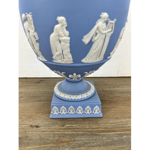 177 - A Wedgwood pale blue Jasperware twin handled urn vase and cover - approx. 30cm high