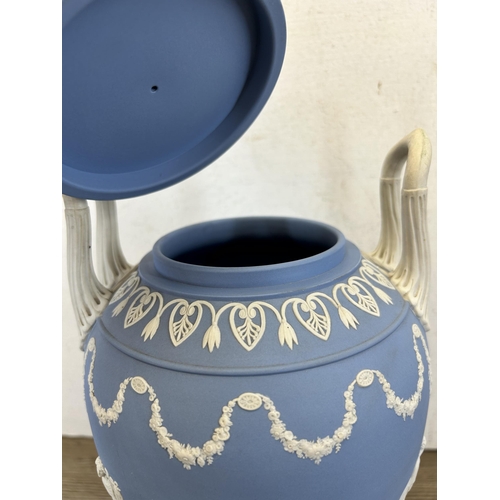 177 - A Wedgwood pale blue Jasperware twin handled urn vase and cover - approx. 30cm high