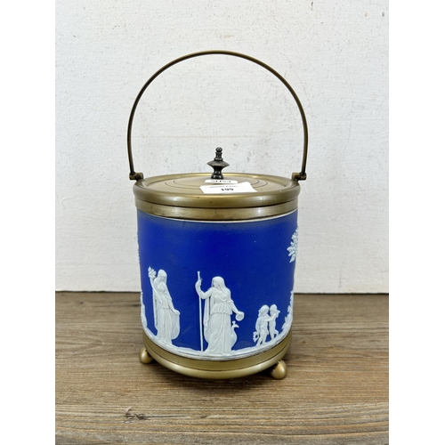 199 - An early 20th century Wedgwood blue Jasperware and EPNS biscuit barrel - approx. 18cm high