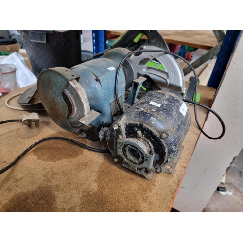 673 - Three 240v power tools, one Wolf angle grinder, one Evolution Fury circular saw and one other