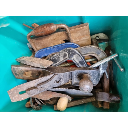 674 - Two boxes containing vintage tools to include Stanley Bailey No. 5 wood plane, three cast iron 
G-Cl... 