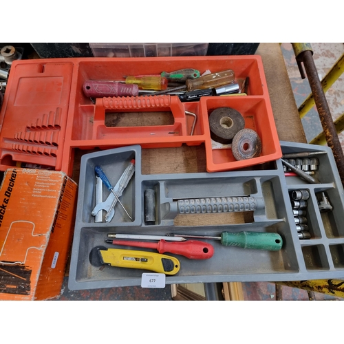 677 - Three tool boxes containing tools to include, sockets, pipe wrenches, screwdrivers etc.