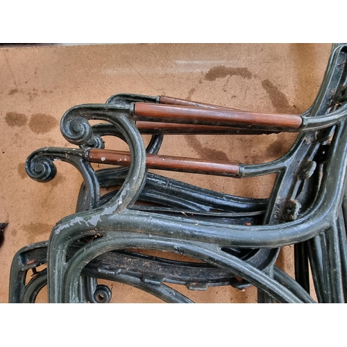 686 - Two pairs of 19th century style cast iron green painted garden bench ends with oak armrests