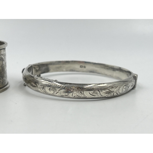 1196 - Two pieces of hallmarked sterling silver, one Chester napkin ring and one Birmingham bangle - approx... 