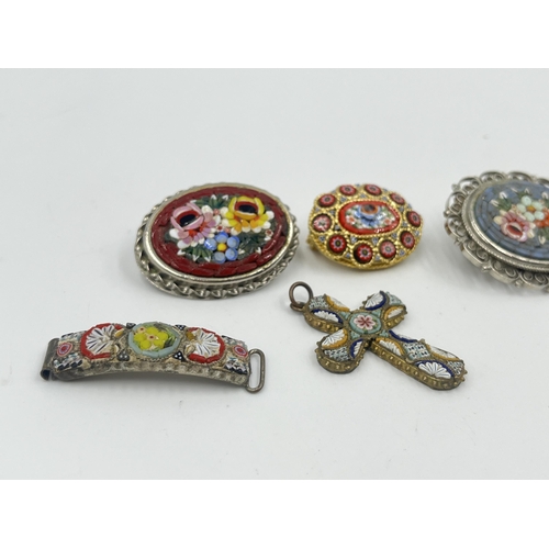 1197 - Six pieces of antique and later micro mosaic jewellery