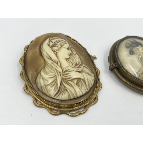 1202 - Three vintage brooches, two carved shell cameo and one portrait painting