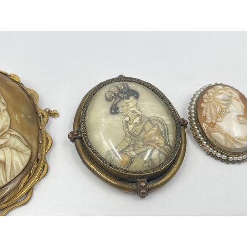 1202 - Three vintage brooches, two carved shell cameo and one portrait painting