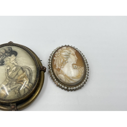 1202 - Three vintage brooches, two carved shell cameo and one portrait painting