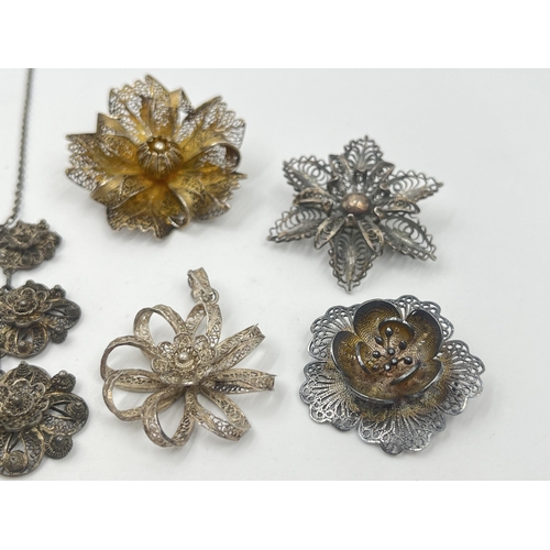 1203 - Five pieces of vintage filigree jewellery to include .925 silver brooch etc. - approx. gross weight ... 