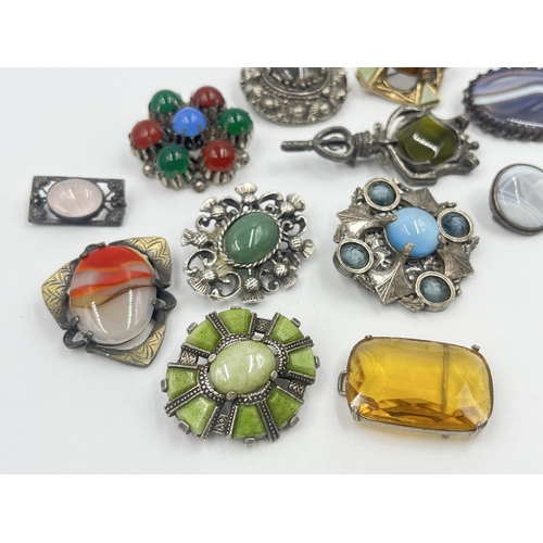 1205 - A collection of vintage gemstone and paste brooches to include four Miracle, Art Nouveau silver and ... 