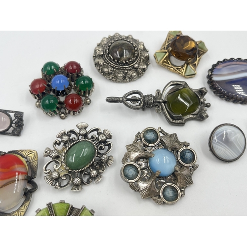 1205 - A collection of vintage gemstone and paste brooches to include four Miracle, Art Nouveau silver and ... 