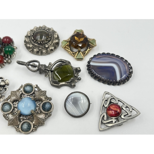 1205 - A collection of vintage gemstone and paste brooches to include four Miracle, Art Nouveau silver and ... 