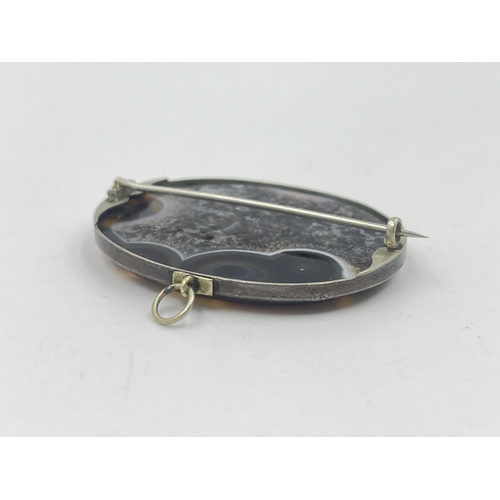 1210 - A Victorian white metal banded agate pin brooch - approx. 5.2cm x 4.1cm