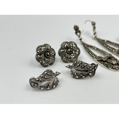 1215 - Eight pieces of silver and white metal marcasite jewellery to include pair of sterling silver leaf s... 