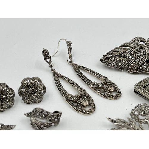 1215 - Eight pieces of silver and white metal marcasite jewellery to include pair of sterling silver leaf s... 