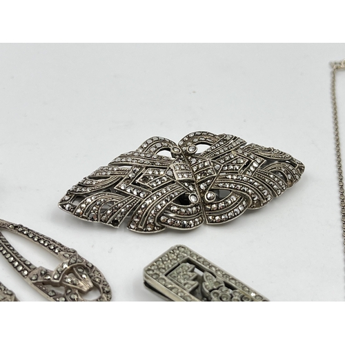 1215 - Eight pieces of silver and white metal marcasite jewellery to include pair of sterling silver leaf s... 