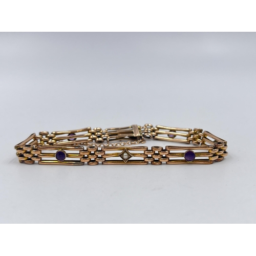 1222 - An antique 9ct gold amethyst and seed pearl gate bracelet - approx. gross weight 8.18 grams and 19cm... 