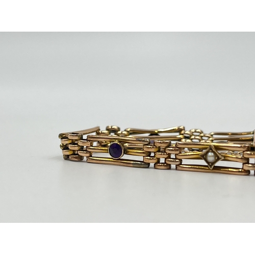 1222 - An antique 9ct gold amethyst and seed pearl gate bracelet - approx. gross weight 8.18 grams and 19cm... 