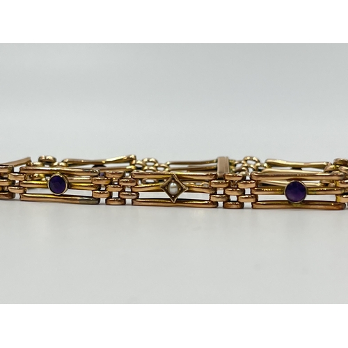 1222 - An antique 9ct gold amethyst and seed pearl gate bracelet - approx. gross weight 8.18 grams and 19cm... 