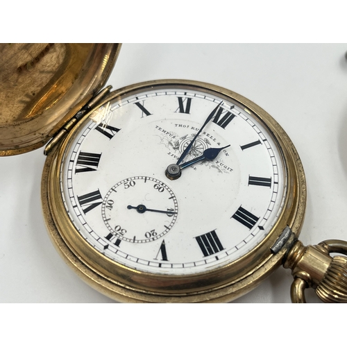 1233 - Two early/mid 20th century gold plated pocket watches, one Thomas Russell & Son Tempus Fugit and one... 