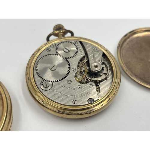 1233 - Two early/mid 20th century gold plated pocket watches, one Thomas Russell & Son Tempus Fugit and one... 