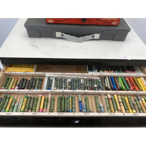 435 - A collection of art supplies to include Talen's Rembrandt Pastels six drawer cabinet containing char... 