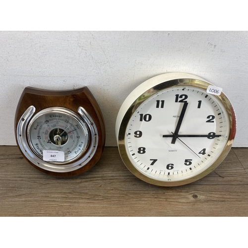 447 - Three items, two Shortland barometers and one Metamec quartz wall clock