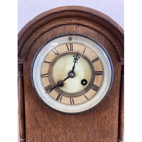 449 - A 19th century French Japy Freres oak cased chiming mantel clock with ceramic dial and pendulum - ap... 